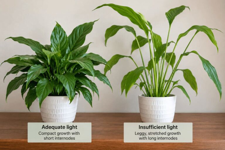 Infographic of a peace lily receiving adequate light and a peace lily receiving insufficient light