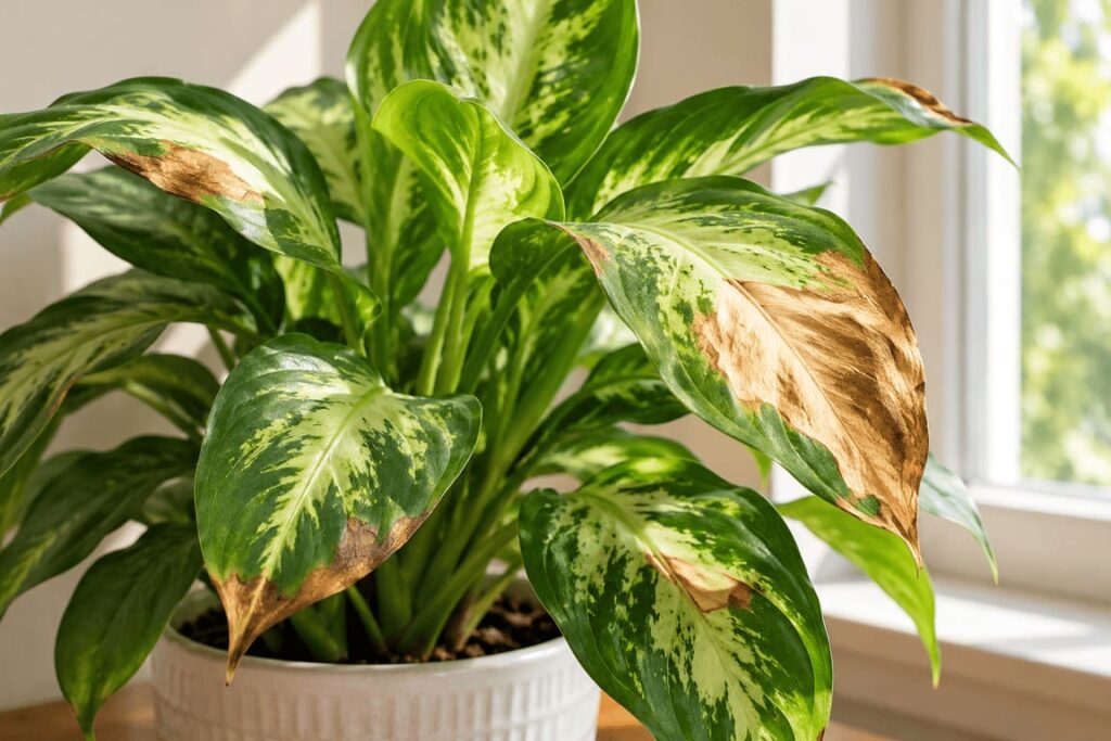 Sunburned Chinese Evergreen next to bright window