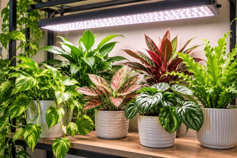 Various houseplants, including pilea, Chinese Evergreen, and pothos under full-spectrum lighting system