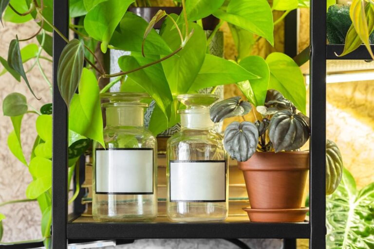 Shelf containing houseplants growing in jars and pots
