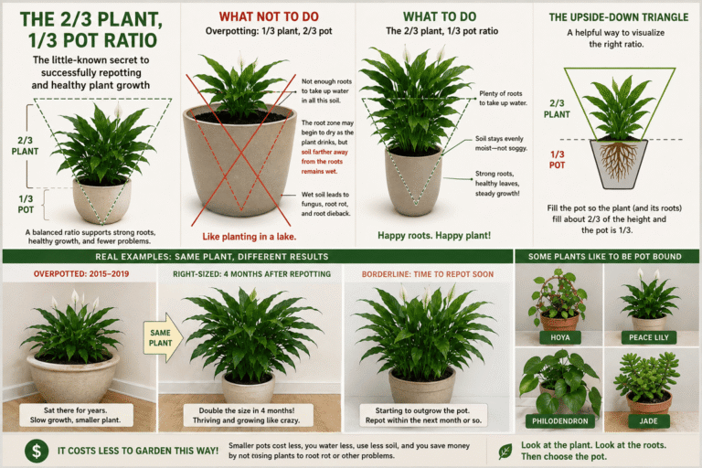 Infographic illustrating the 2-3 plant-to-1-3 pot ratio for houseplants, comparing properly sized pots with overpotting and showing the ideal upside-down triangle proportion