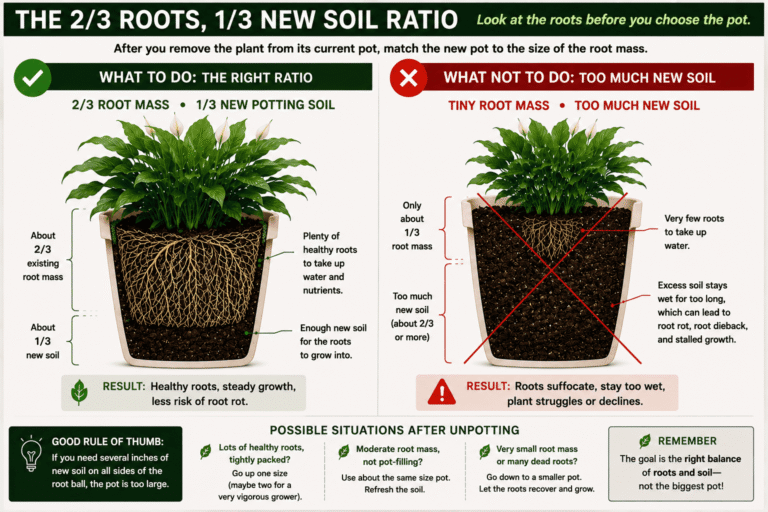Infographic illustrating the 2-3 root mass-to-1-3 new potting soil ratio
