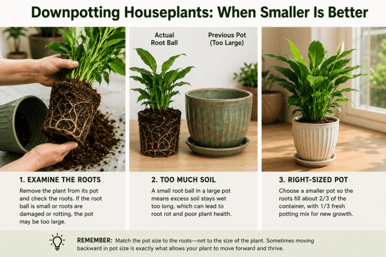 Infographic showing how to downpot a houseplant by examining the root system