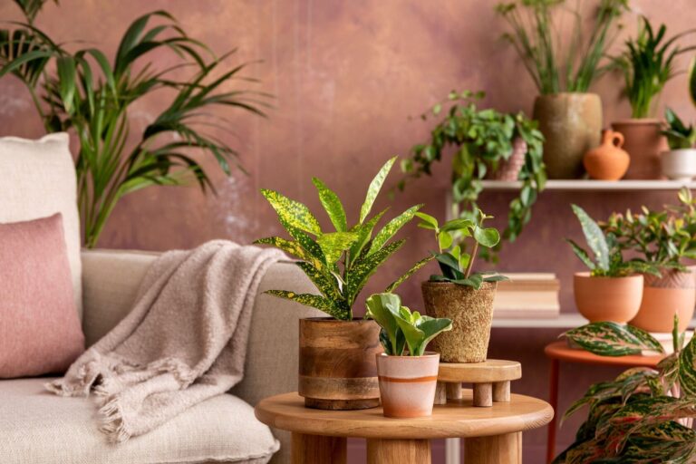 Living area with comfortable chair and multiple colorful houseplants