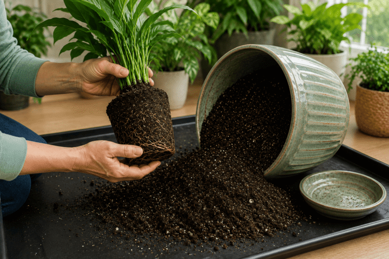 Person removing a houseplant with a small root system from an oversized pot