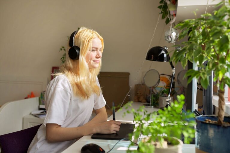 Student using drawing pad in dorm room with houseplants on desk