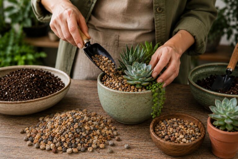 Woman planting succulents in a green pot and covering the surface with gravel