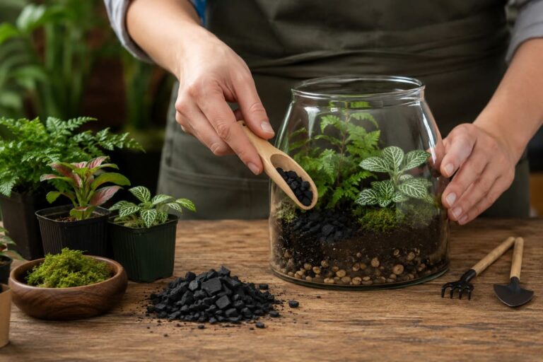 Woman planting terrarium and adding horticultural charcoal to the glass jar