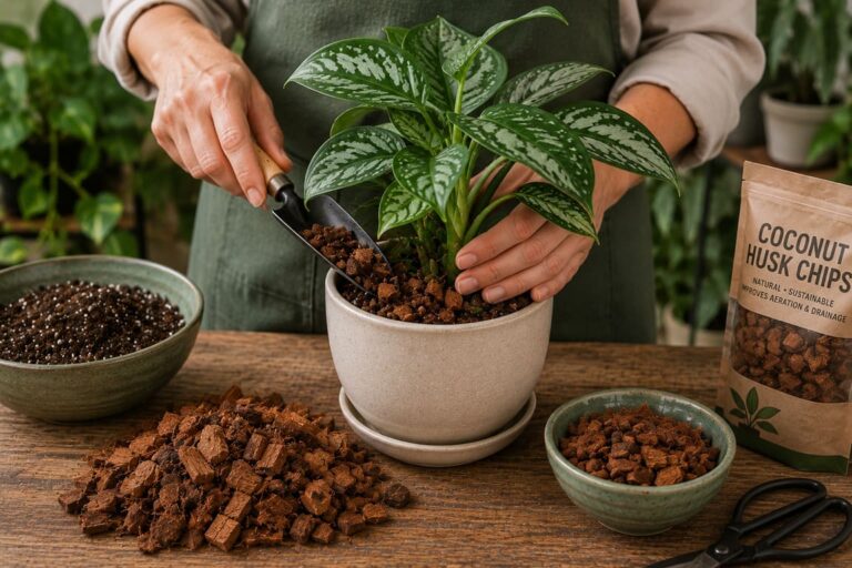 Woman transplanting Chinese evergreen in coconut husk chips into beige pot