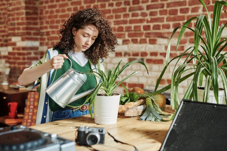 Young woman watering houseplant while taking a break from studying