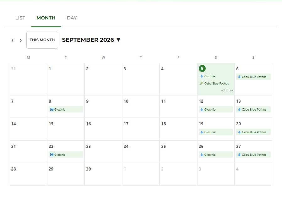 Julie Assistant calendar view showing upcoming and overdue plant care tasks