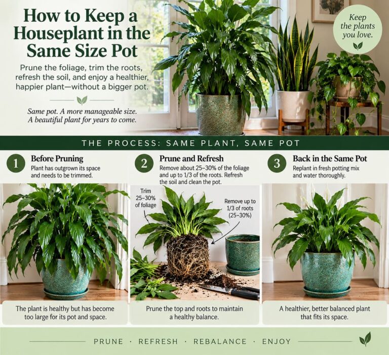 Infographic showing an overgrown houseplant before pruning, root and foliar pruning