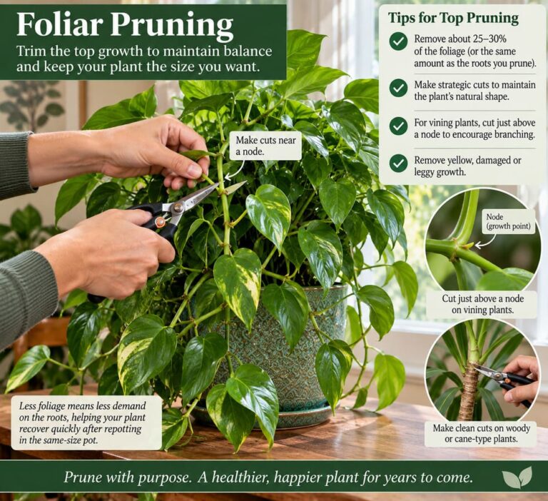 Pruning the top growth of a houseplant to balance foliar growth with root pruning before repotting in the same-size pot