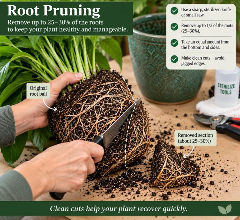 Root pruning a houseplant with a sharp, sterilized knife