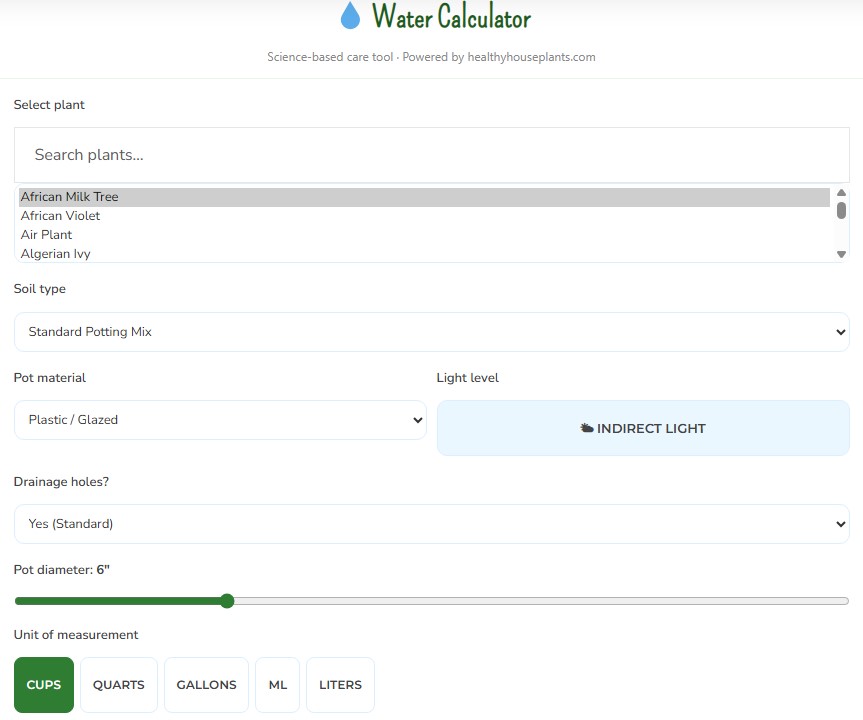 Julie Assistant Water Calculator showing a recommended watering amount and interval