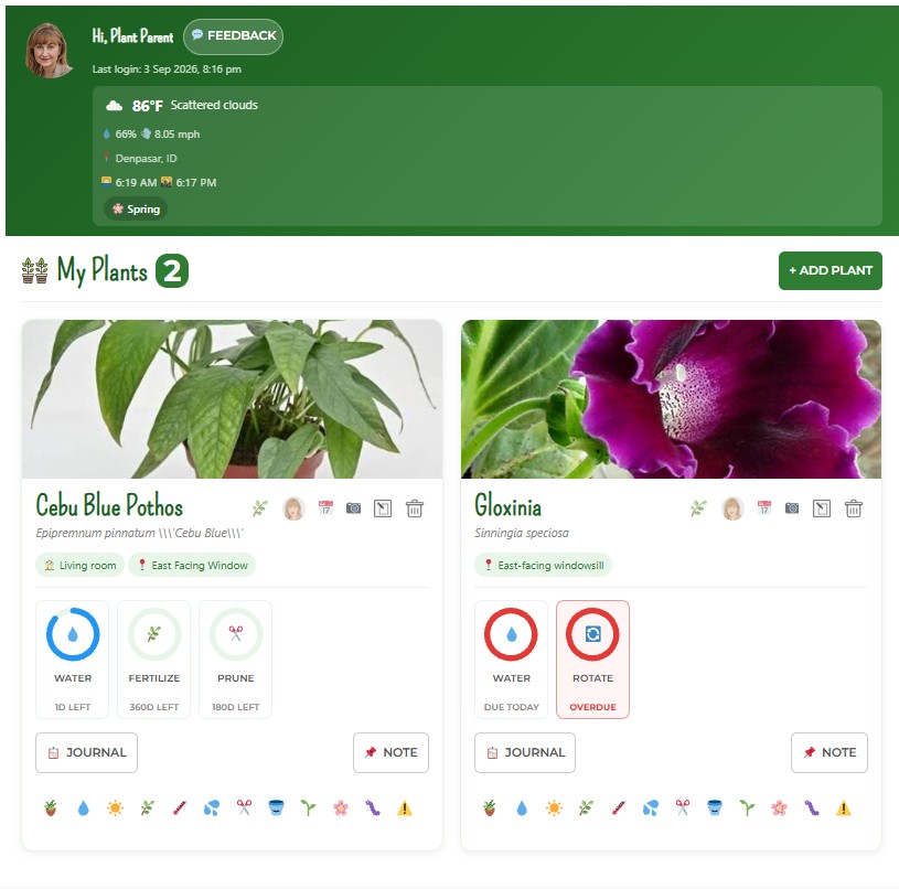 Julie Assistant dashboard showing plant care overview and today's tasks