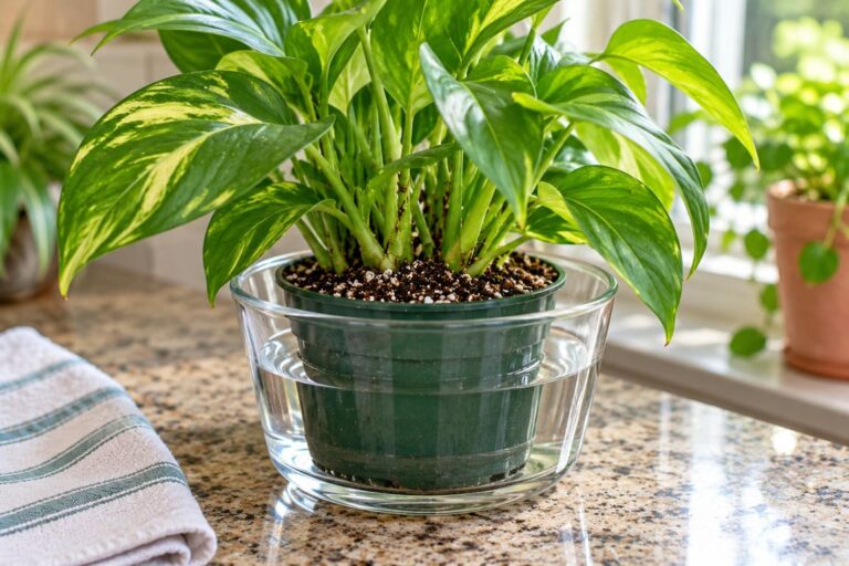Bottom watering a pothos using a clear glass bowl with the proper container-to-pot ratio, next to a sunny window