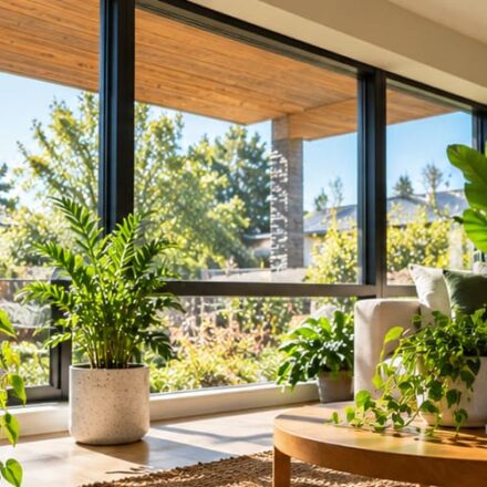 Bright modern living room filled with houseplants beside large windows and a covered outdoor patio, showing how architecture affects natural indoor light