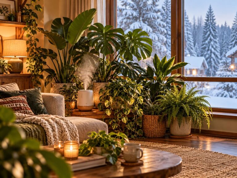 Cozy room with humidifier running while snow-covered homes and trees sit outside the window