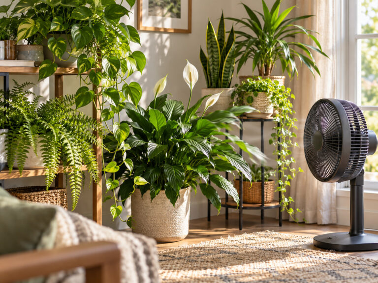 Fan blowing on houseplants in a sunny room to encourage good air flow