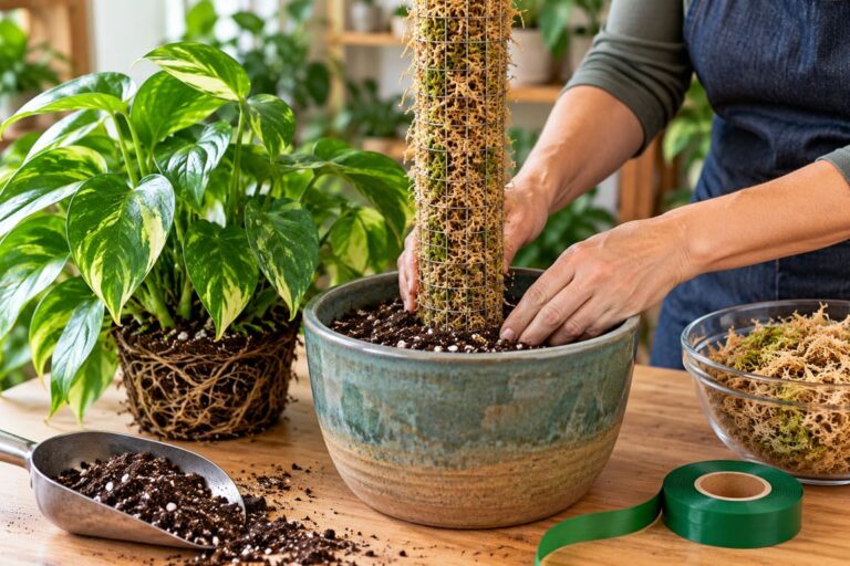 Gardener installing a sphagnum moss pole in a ceramic pot while repotting