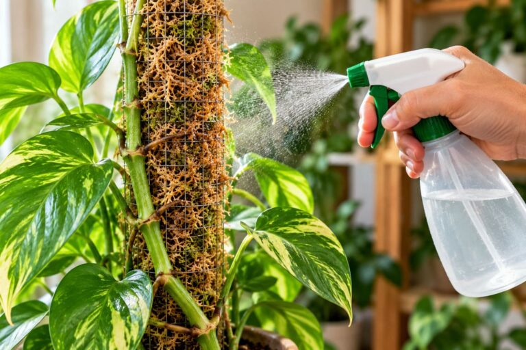 Gardener spraying water directly onto a sphagnum moss pole supporting a variegated climbing houseplant