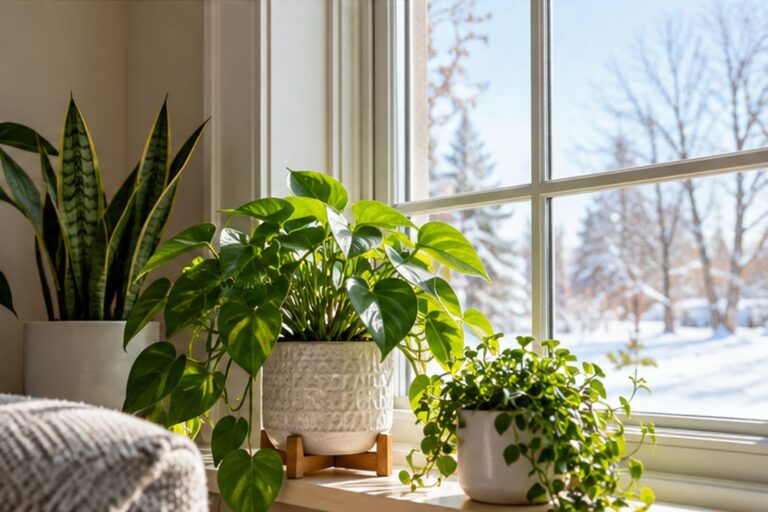 Healthy houseplants growing beside a bright window with a snowy winter landscape outside, showing the effect of seasonal light and cold outdoor conditions