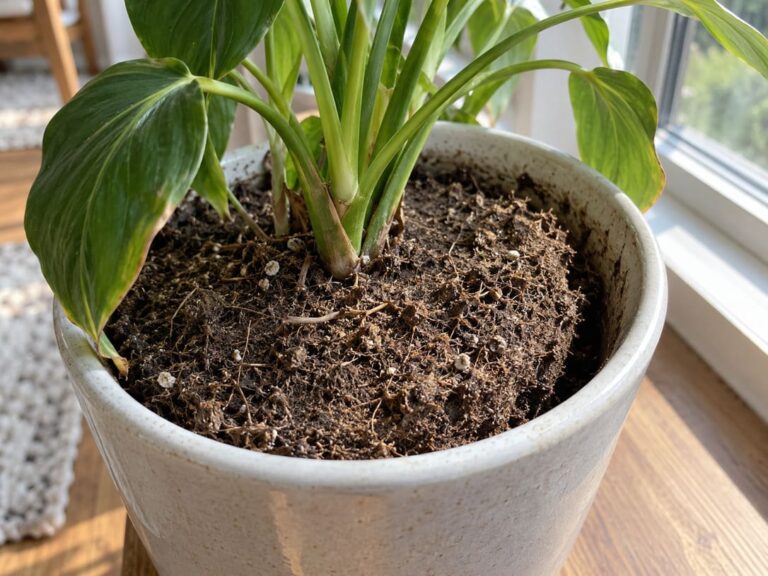 Houseplant in pot next to window with potting soil pulling away from the edge of the pot, indicating the soil is too dry