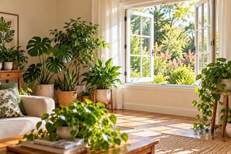Houseplants in a brightly lit room near an open window
