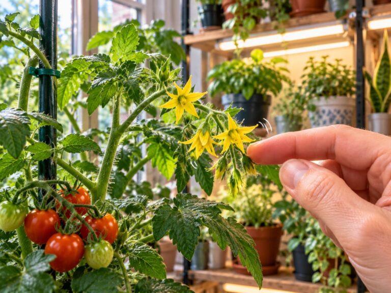 Indoor gardener gently tapping tomato flower cluster to promote fruiting