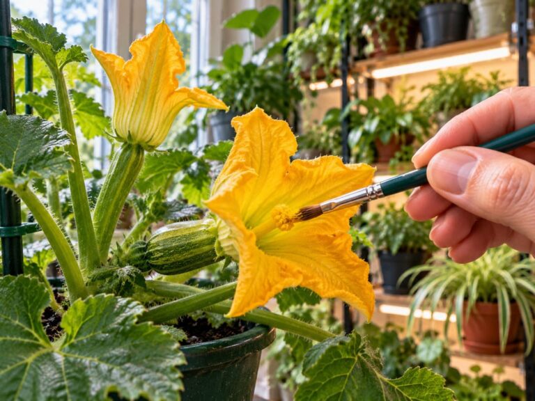 Indoor gardener hand-pollinating a squash blossom