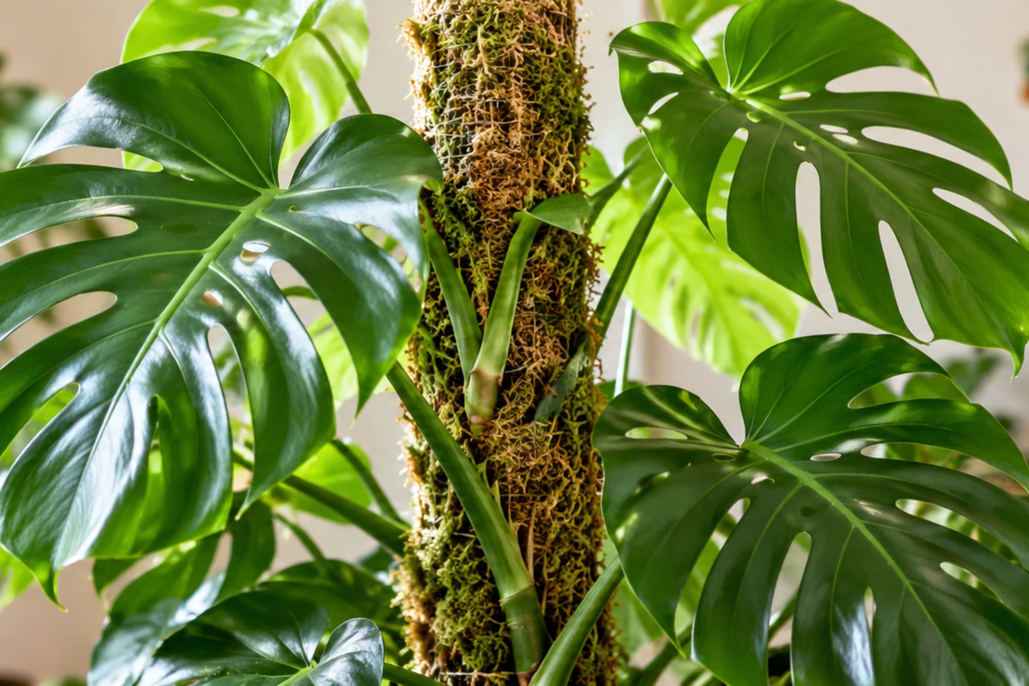 Monstera deliciosa growing upright on a moss pole indoors