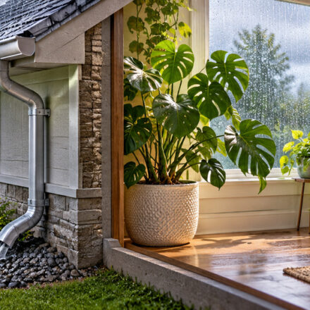 Rainwater drains away from a house through gutters and downspouts while