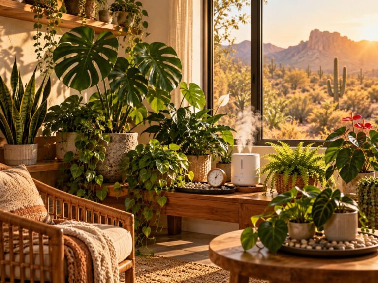 Room filled with houseplants while a humidifier runs, overlooking a bay window showing desert terrain outside