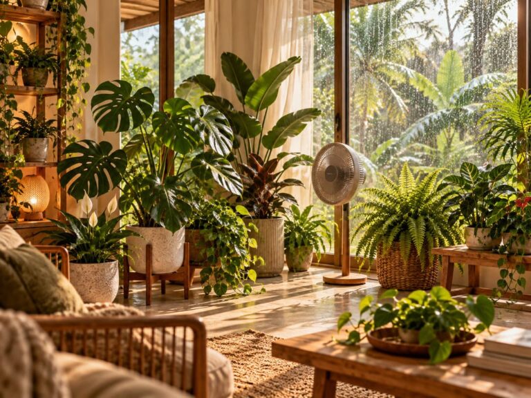 Room filled with tropical plants and a fan circulating air next to a window showing a tropical climate