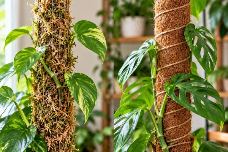 Side-by-side comparison of a sphagnum moss pole and a coconut coir pole