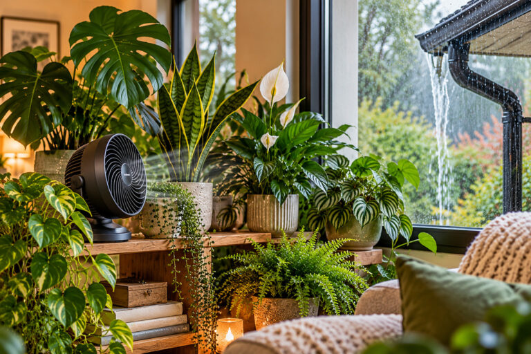 Small fan circulates air around a group of houseplants beside a rain-streaked window
