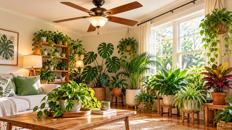 Sunlit room with ceiling fan and multiple healthy houseplants