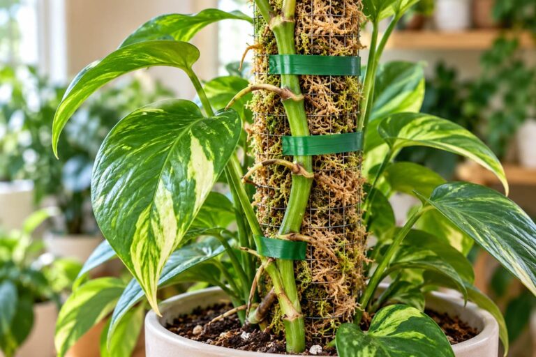 Variegated climbing houseplant secured to a sphagnum moss pole with flexible green garden tape