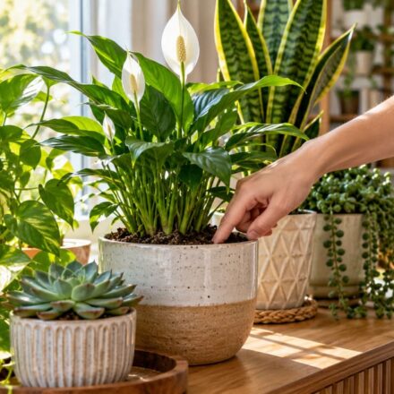 Woman checking a peace lily for watering readiness using her finger